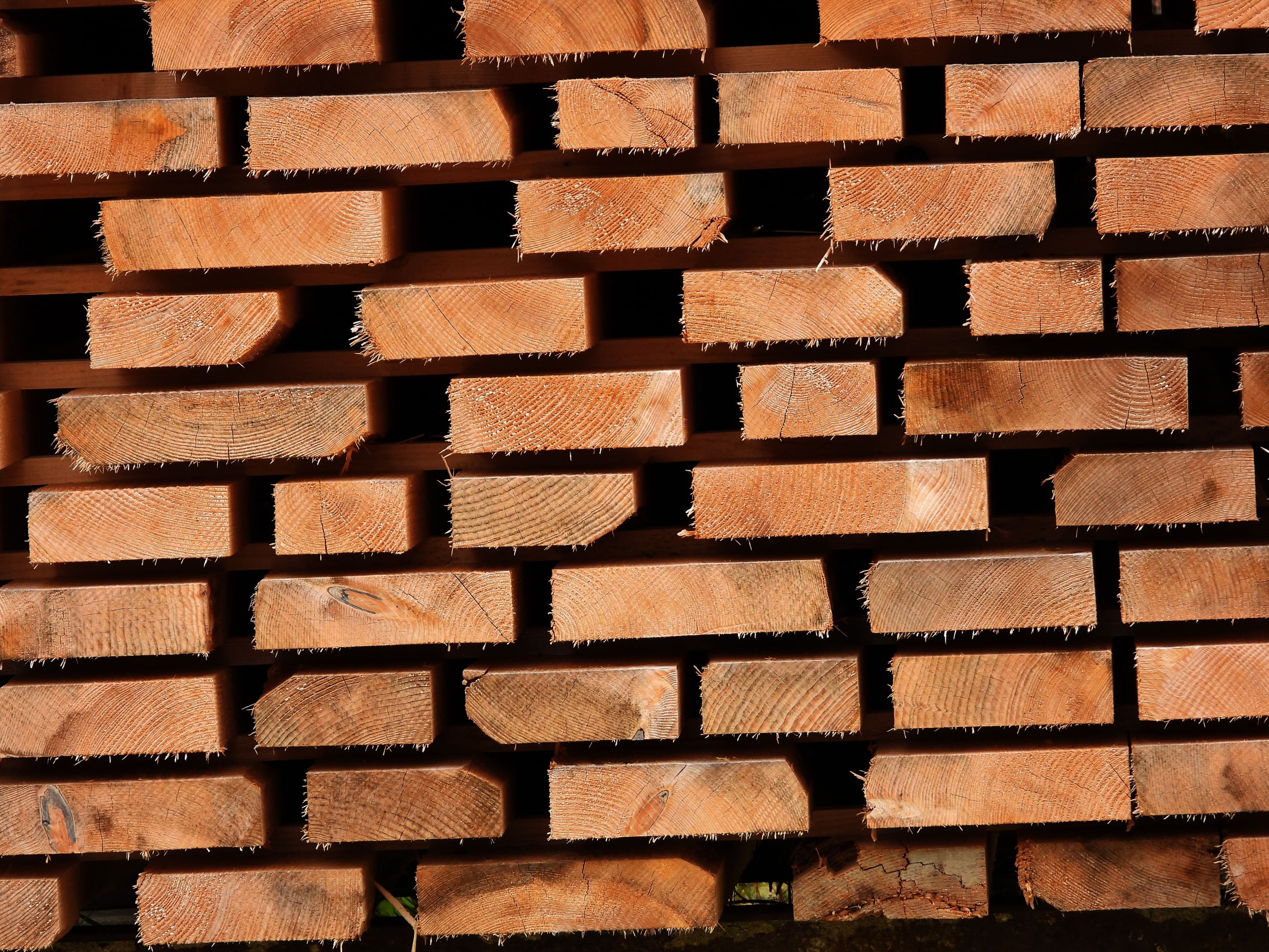 Ends of stacked rough-sawn lumber boards